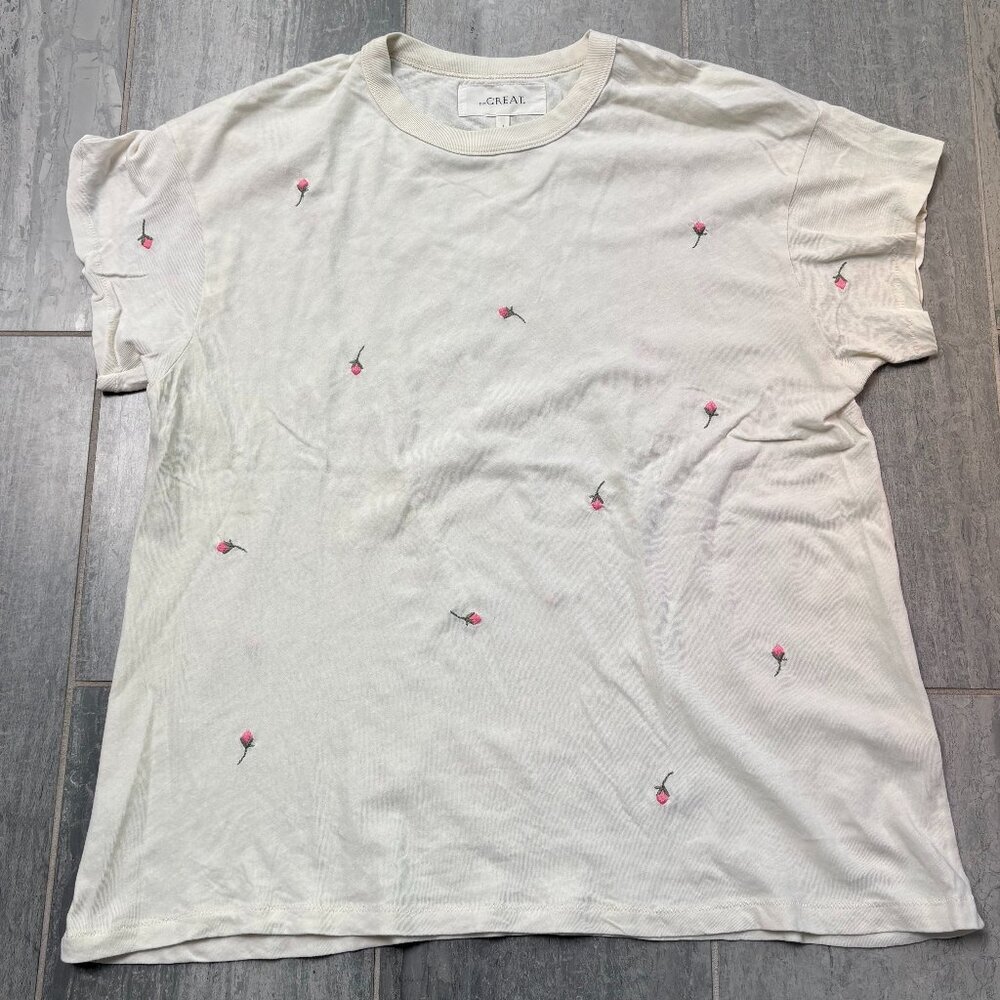THE GREAT. Floral Embroidered Boxy Short Sleeve Crewneck Tee Cream Size 1/Medium - Picture 4 of 12